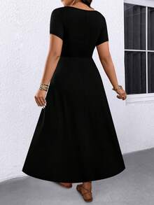SHEIN Clasi Plus Size Women Summer Black Elegant Business Casual Formal Vacation Dates Dinner Evening Autumn V-Neck Waist Gathered A-Line Dress - Black - View 2