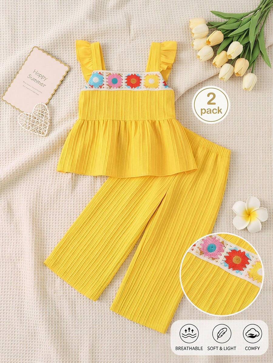 SHEIN Genkimix Kids 2 Piece Toddler Girls Clothing Sets,Summer Matching Yellow Floral Crochet Lace Babydoll Top And Wide Leg Pleated Pants,Family Vacation Holiday Outfits - Yellow - View 1