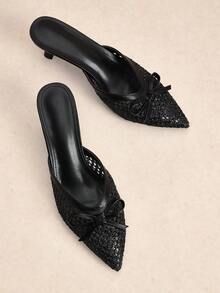 Rosivie Damenschuhe Neue spitze Stilettos mit schwarzer Schleife, gewebter Stoff, Damen High Heels Schuhe, einfache Mode vielseitige französische Damenschuhe - Schwarz - Übersicht 5