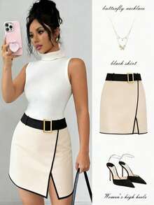 Elenzga Falda casual con abertura lateral y diseño de cinturón de color contrastante para mujer - Albaricoque - Ver 3