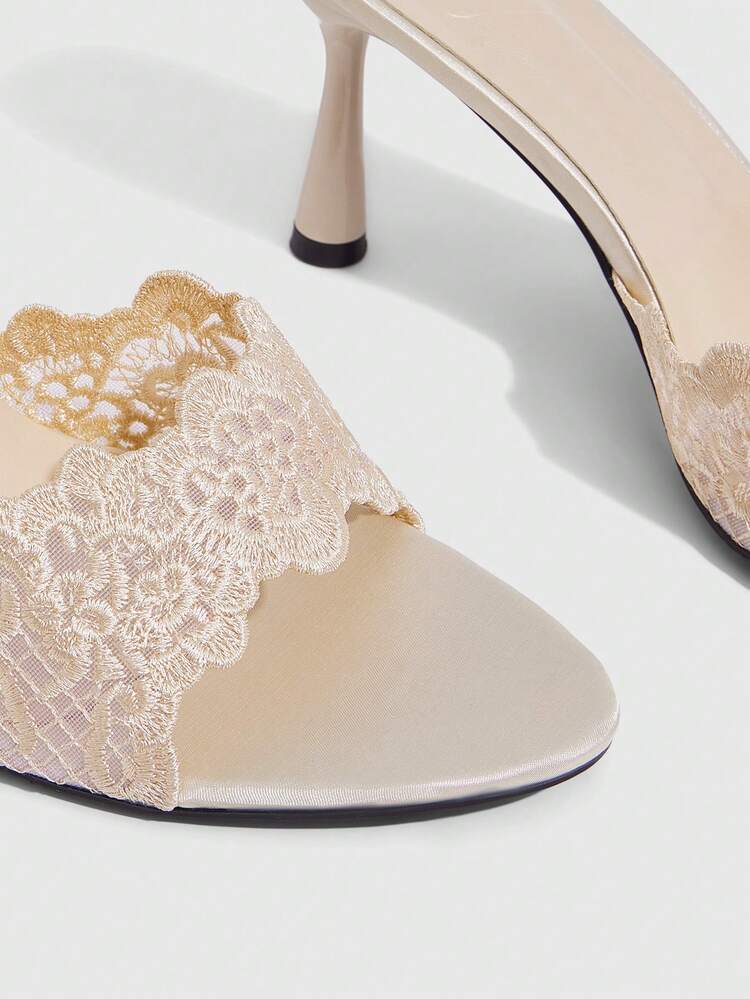 CUCCOO SZL Sweet Lace Mesh Fashion Temperament With Fairy Thin Heels Sandals Girl Wearing Open-Toed Apricot High-Heeled Slippers