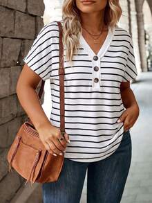 EMERY ROSE Women's Spring/Summer New Arrival Striped & Printed Pattern Casual Versatile Plus Size Short Sleeve T-Shirt - Multicolor - View 5