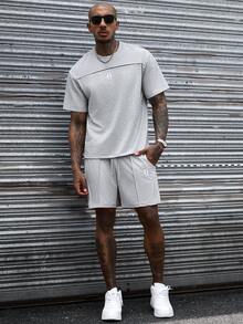 SLATEMANN Men's Embroidered Versatile Crew Neck Short Sleeve T-Shirt And Drawstring Waist Pocket Shorts Set - Grey - View 5