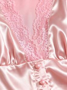 Sweetra Elegant French Lace Patchwork Button Short Sleeve Sexy V-Neck Pink Minimalist Sexy Blouse - Baby Pink - View 3