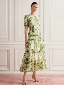 BELROSIE Printed Chiffon Layered Waist Gathered Design Round Neck Long Dress - Multicolor - View 7