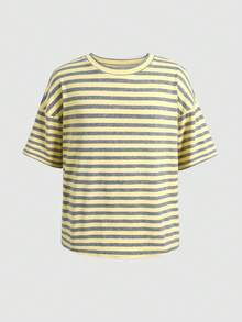 SHEIN 青少年女孩休閒極簡度假多巴胺色奶油黃條紋圓領短袖寬鬆T恤，夏季上衣，適合日常通勤、聚會、秋冬夏、新年、感恩節、派對、婚禮、海灘、畢業典禮、時尚、優雅、休閒、外出約會、通勤、亮眼、情人節、優雅、度假、休閒、Y2K、外出、畢業典禮及其他場合 - 黃色 - 查看 4