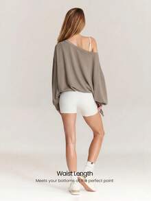 GLOWMODE SoftCalm Modal Own Your Flow Soft Silky-Smooth Breathable Waist Length Adjustable Drawstring Hem One-Shoulder Pullover Sweatshirt Daily Casual Wear - Khaki - View 2