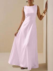 Zivah Casual Minimalist Style Pink Fine Striped All-Over Print Woven Women's Dress Suitable For Spring/Summer Vacation - Multicolor - View 7