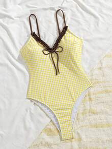 Swim Mod Maillot de bain une pièce pour femme, style vacances plage décontracté, patchwork rétro imprimé marron, col en V + bordure à volants, bretelles spaghetti, dos ouvert, design à nouer devant, idéal pour le sport & la plage, les vacances de printemps & la saison estivale. Maillot de bain 2026. Maillot de bain style français. Maillot de bain été européen. Tenue d'été - Multicolore - Voir 6