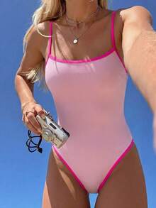 Swim Mod Spring/Summer New European & American Style One-Piece Sexy Three-Point High-Cut Triangle Bikini Set, Solid Light Pink Textured Fabric With Contrast Fuchsia Trim, Small Chest Push-Up Double Shoulder Straps, Sweet Fresh Slimming Swimsuit For Women & Girls, Hot Spring Beach Vacation Birthday Party - Pink - View 2