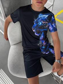 SHEIN 2件組青少年男孩休閒視覺螢光動物圖案短袖圓領套裝，適合夏季男孩2件組青少年男孩短套裝男孩夏季套裝男孩圖案T恤與短褲套裝男孩套裝適合春季/夏季，日常穿著、運動、外出、學校、派對、節日、拍照 - 黑色 - 查看 4