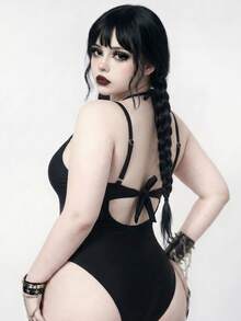 ROMWE Goth 2026新款哥德式暗黑極簡大尺碼連身泳衣 - 黑色 - 查看 2