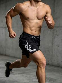 Gym Rark Manfinity EMRG 男士休闲字母印花短裤，夏季火焰短裤 - 黑色 - 查看 3