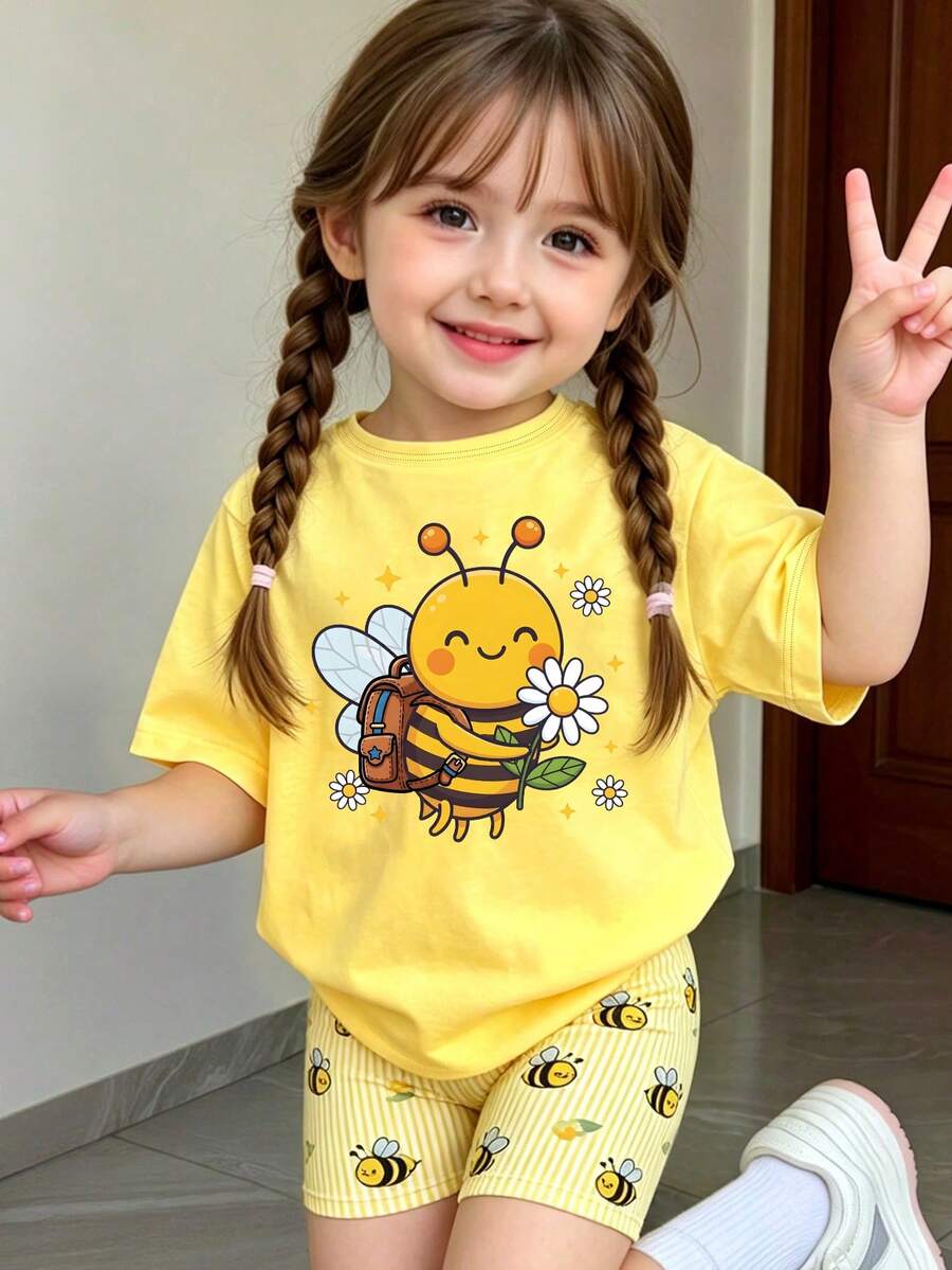 Summer Baby Girl Creative Fresh Cute Cartoon Bee Holding Flower Green Leaf Heart Pattern Print Casual Vacation Style Basic Short T-Shirt And Cycling Pants Set, Comfortable Daily Sports Outfit, Sets - Multicolor - View 1