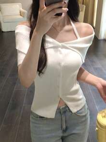 DAZY 女款素色休閒春夏季韓風短袖露肩針織上衣 - 白色 - 查看 6