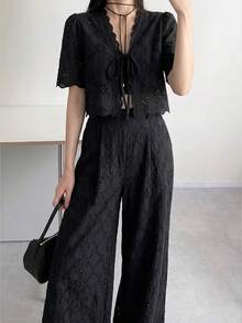 FRIFUL Women's Frill Trim Front Tie Short Sleeve Shirt And Pants 2 Pieces Set Summer Tea Party Day Party Black Romantic Elegant Lounge Sets For Women - Black - View 1