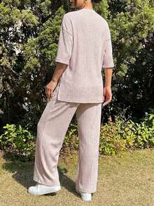 Cloudara Camiseta y pantalones de 100% algodón de hombros caídos - Rosa - Ver 2
