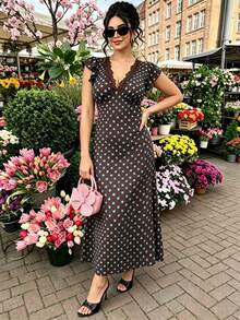 Vionelle Plus Size Vintage Elegant 1960s 1960s 1920s French Brown Lace Patchwork Deep V-Neck Ruffle Hem Women Summer Dress Dates Brunch Birthday Date Night - Coffee Brown - View 5