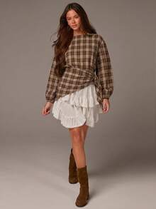 Athîral Women's Plaid Casual Versatile Daily Outing Shirt - Coffee Brown - View 2