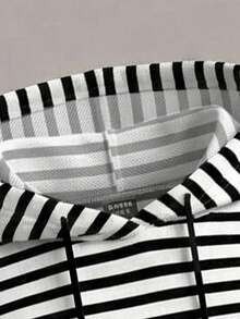 Comfortcana Plus-Size Black And White Striped Knit Cropped Sweatshirt, Autumn/Winter Style. Fall - Black and White - View 3