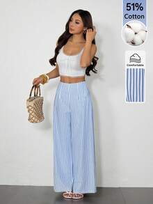 PETITE Pantalones de pierna ancha de textura de cintura alta, de estilo casual y sencillo, apropiados para ir a la escuela o para ir y venir al trabajo - Azul - Ver 3