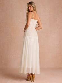 Enchnt Women's White Elegant Tropical Sequin Summer Lace Patchwork Spaghetti Strap Long Slip Dress,Dining Formal Vacation Party Wedding Prom Ceremony Dress - Beige - View 8