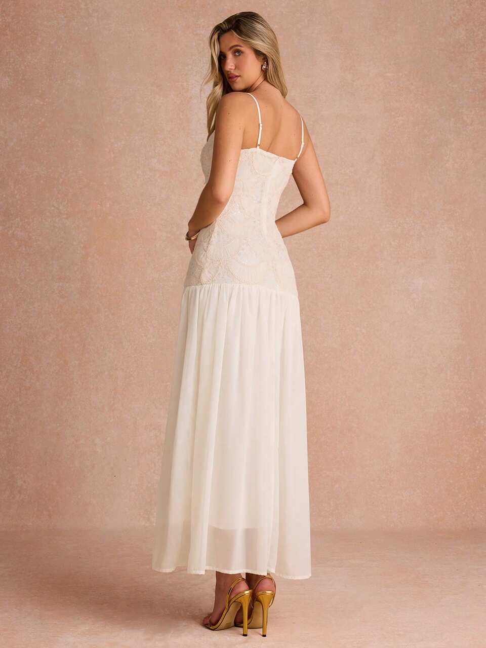 Enchnt Women's White Elegant Tropical Sequin Summer Lace Patchwork Spaghetti Strap Long Slip Dress,Dining Formal Vacation Party Wedding Prom Ceremony Dress