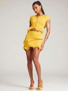 NYA SZN Setelan Atasan dan Rok Mini Lengan Pendek Kancing Depan Hem Kawat untuk Acara Spesial Baby Shower Musim Panas Warna Kuning untuk Wanita - Kuning - View 5