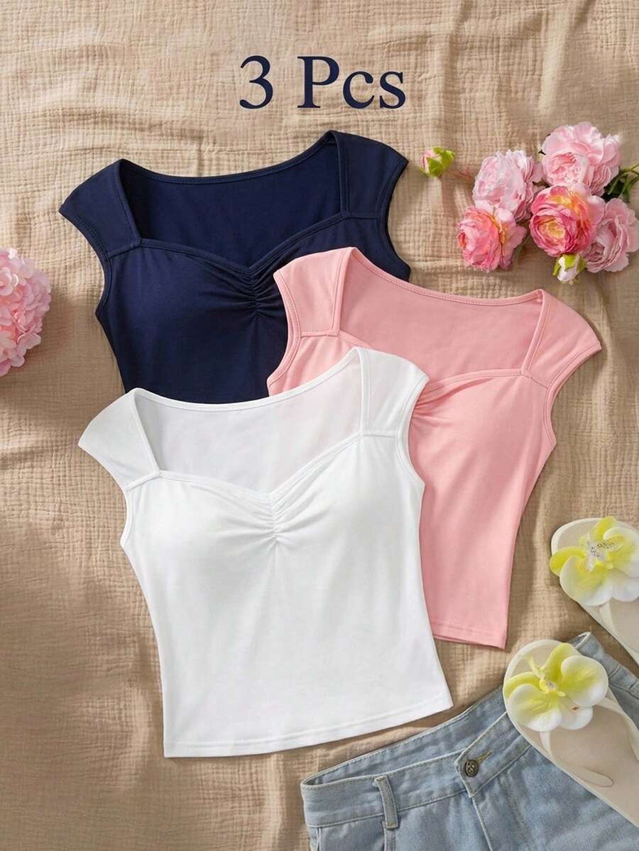 SHEIN 少女純色甜心領百褶休閒背心上衣 - 彩色 - 查看 1