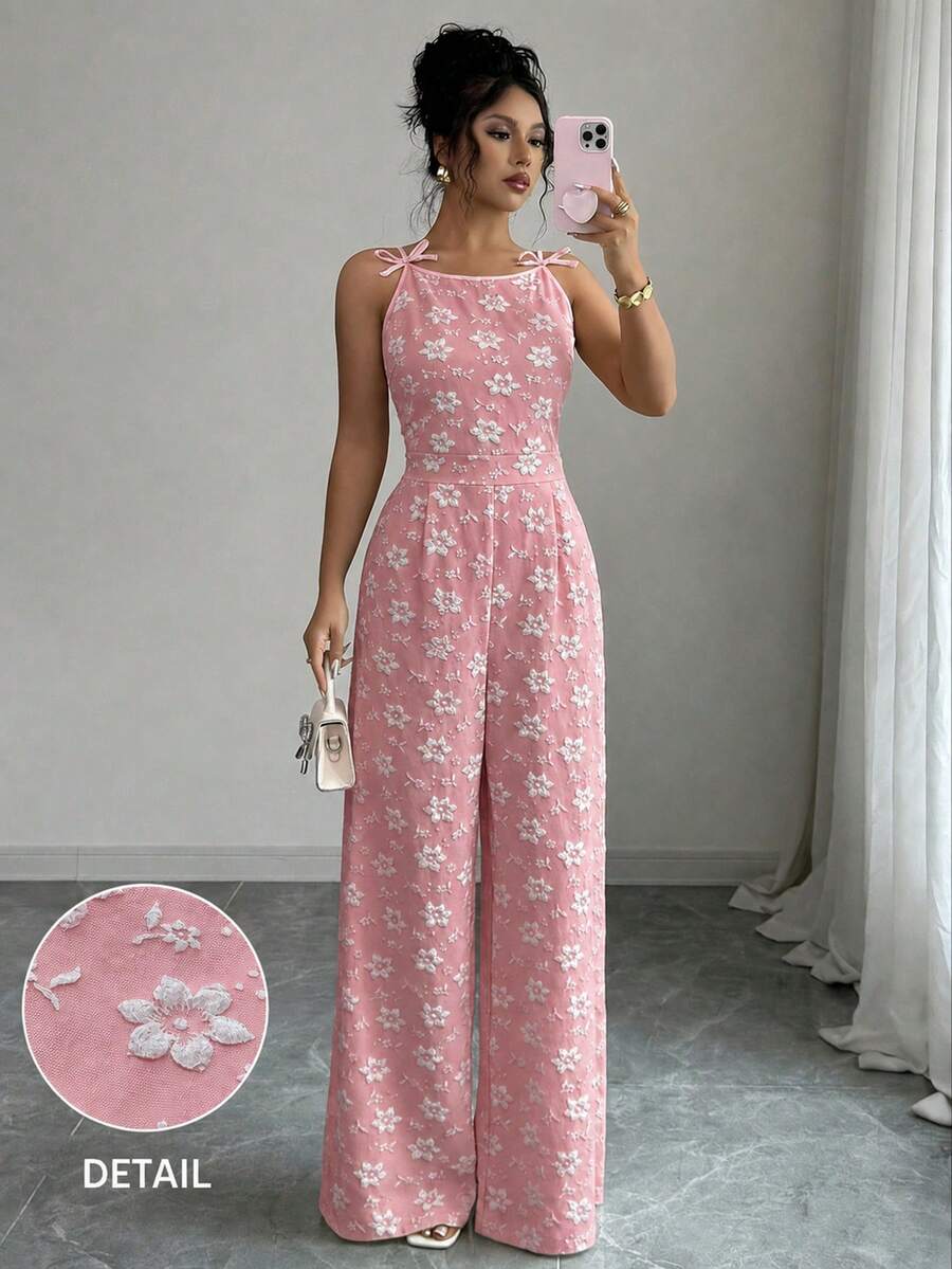 SHEIN Elenzya 女款肩部蝴蝶結與雛菊提花面料收腰寬腿長褲優雅日常通勤連身褲 - 粉色 - 查看 1