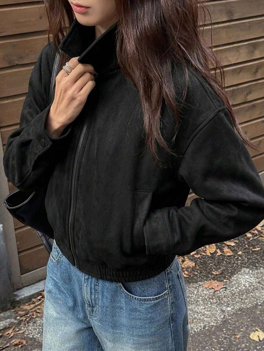DAZY 春季新款做舊皮革短夾克 情人節女款基本款夾克 - 黑色 - 查看 1