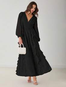 Enchnt Vestido largo elegante de unicolor con volantes para mujer - Negro - Ver 1