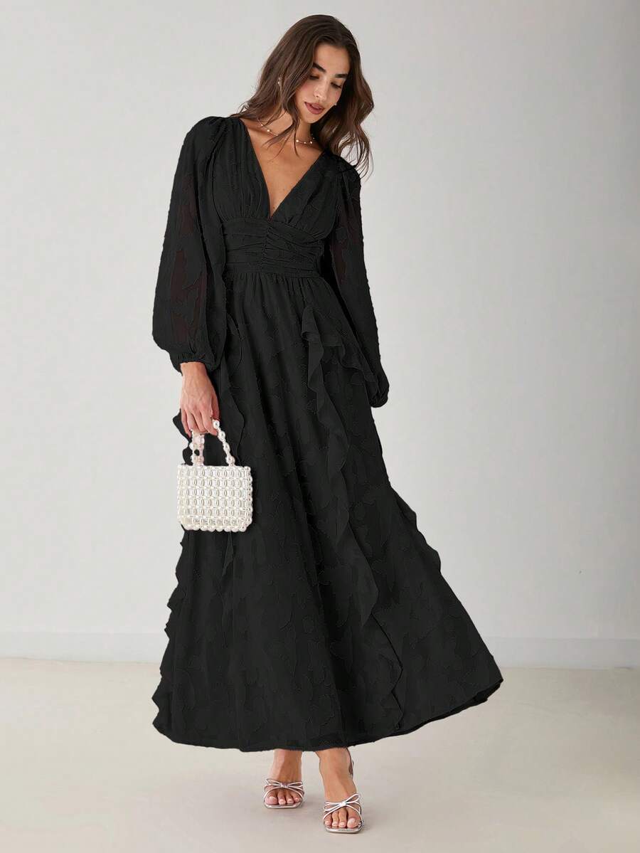 Enchnt Vestido largo elegante de unicolor con volantes para mujer - Negro - Ver 1