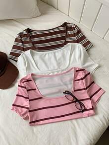paquete de 3 camisetas básicas para mujer de manga corta con cuello cuadrado en negro, blanco y rosa - Multicolor 6 - Ver 4