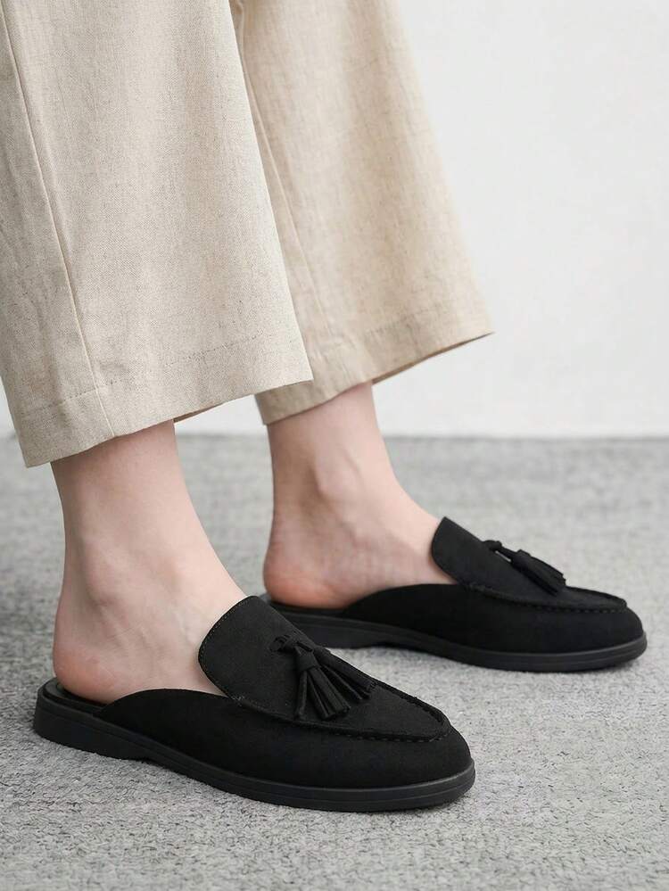 CUCCOO BIZCHIC Fashion Black Suede Fringed Comfortable Commuter Women's Flat Mule Shoes Women's Flat Shoes Slippers Are Suitable For Outdoor Shopping And Work, Daily Comfortable Flat Women's Shoes