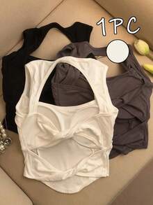 Resyla Camiseta de tirantes para mujer de cuello cuadrado, color liso, moda casual, versátil, ajuste ceñido, para salir de noche, club, blanco, verano - Blanco - Ver 1