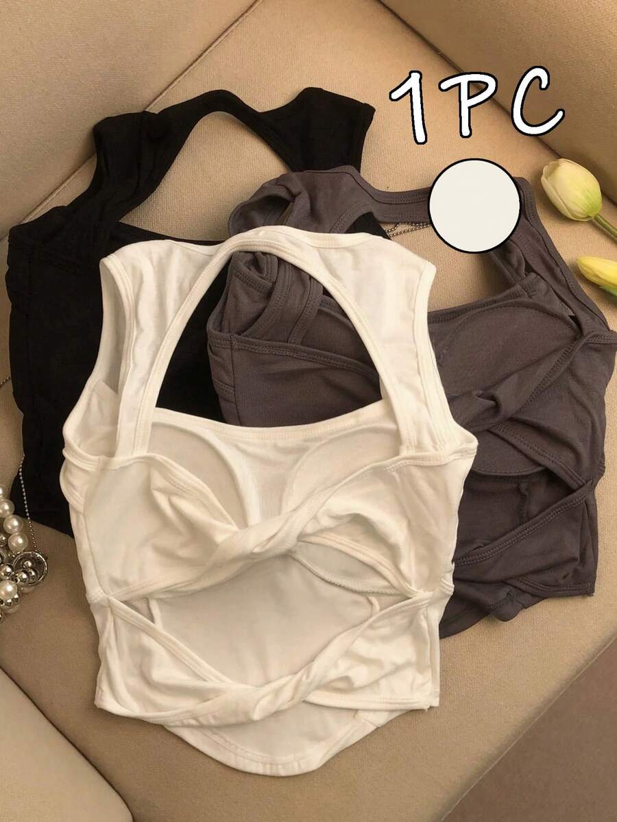 Resyla Camiseta de tirantes para mujer de cuello cuadrado, color liso, moda casual, versátil, ajuste ceñido, para salir de noche, club, blanco, verano - Blanco - Ver 1
