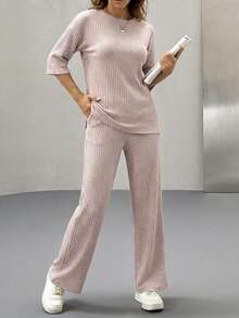 Cloudara Camiseta y pantalones de 100% algodón de hombros caídos - Rosa - Ver 4