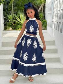 SHEIN Tween Mädchen Frühling/Sommer Mode Lässig Urlaub Ärmelloses Top und Rock Set, einfach und stilvoll, geeignet für Sommerkleidung, Urlaub Outfit - marineblau - Übersicht 1