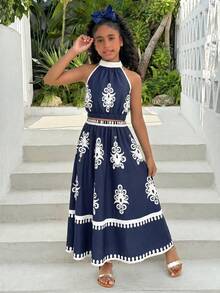 SHEIN Tween Mädchen Frühling/Sommer Mode Lässig Urlaub Ärmelloses Top und Rock Set, einfach und stilvoll, geeignet für Sommerkleidung, Urlaub Outfit - marineblau - Übersicht 4