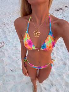 Swim Vcay Conjunto de bikini con cuello halter y estampado integral para mujer - Multicolor - Ver 1