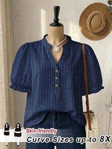 SHEIN CURVE+ 大尺碼女款藍白條紋印花休閒襯衫，極簡設計，適合夏季穿著 - 藏蓝色 - 查看 1