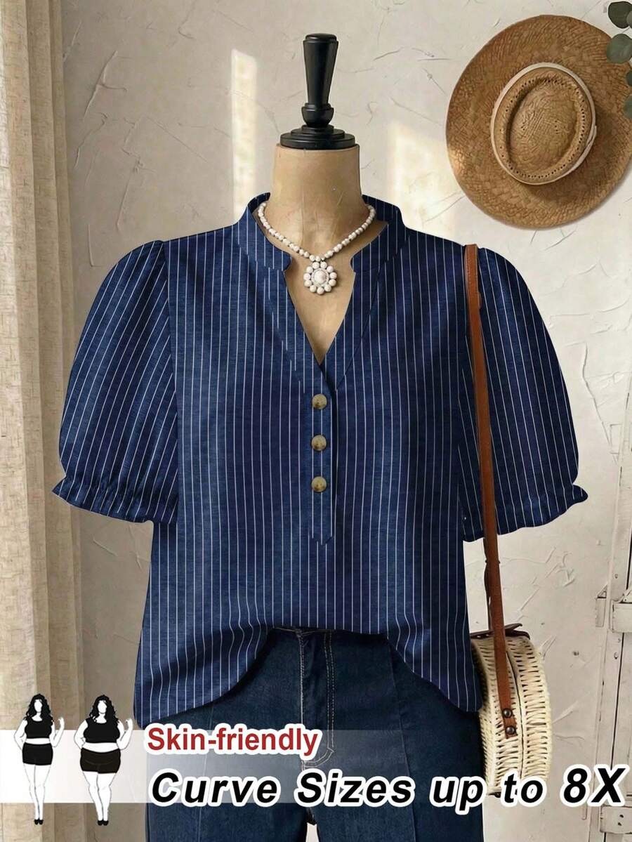 SHEIN CURVE+ 大尺碼女款藍白條紋印花休閒襯衫,極簡設計,適合夏季穿著 - 藏蓝色 - 查看 1