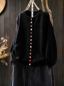 SHEIN Plus Size Casual Round Neck Colorful Button Long Sleeve Cardigan - Black - View 1