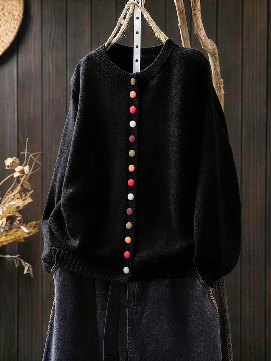 SHEIN Plus Size Casual Round Neck Colorful Button Long Sleeve Cardigan - Black - View 1