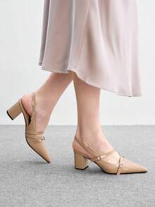 CUCCOO BIZCHIC Sandal Kulit Paten Nude Prancis dengan Bagian Belakang Lancip, Gesper Ganda, Hak Tebal, Sepatu Hak Tinggi untuk Komuter - Berwarna merah muda - View 4