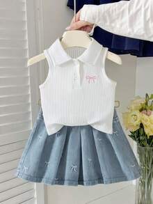 Genkimix Kids Young Girls Polo Skirt Set Back-To-School Summer Baby Pink Baby Blue Ribbed Knit Sleeveless Top With Bow Embroidery Denim Pleated Skirt Outfit - White - View 4
