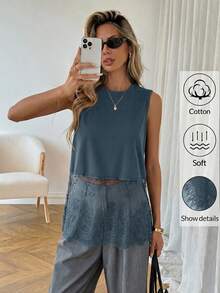 Easowa Camiseta de tirantes para mujer de algodón negro con cuello redondo y dobladillo de encaje, primavera/verano - Azul Cadete - View 1