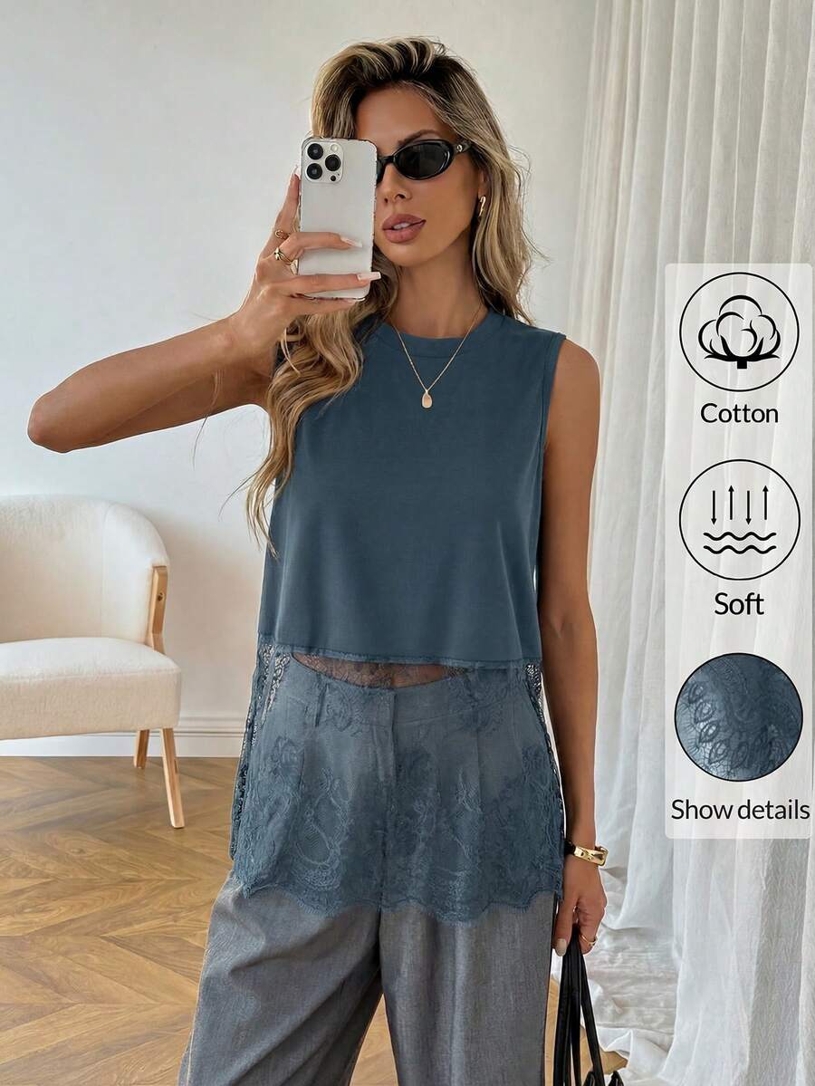 Easowa Camiseta de tirantes para mujer de algodón negro con cuello redondo y dobladillo de encaje, primavera/verano - Azul Cadete - View 1