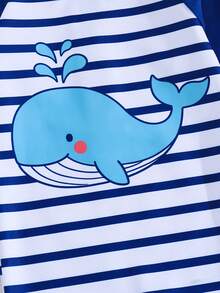 SHEIN Baby Boy Baby Girl Colorblock Patchwork Casual Cute Fun Style Vacation Dolphin Print Long Sleeve Sun Protection One-Piece Swimsuit Suitable For Spring Summer Autumn Winter Outings Travel Vacation Beach Pool Party Surfing Sun Protection - Blue and White - View 4
